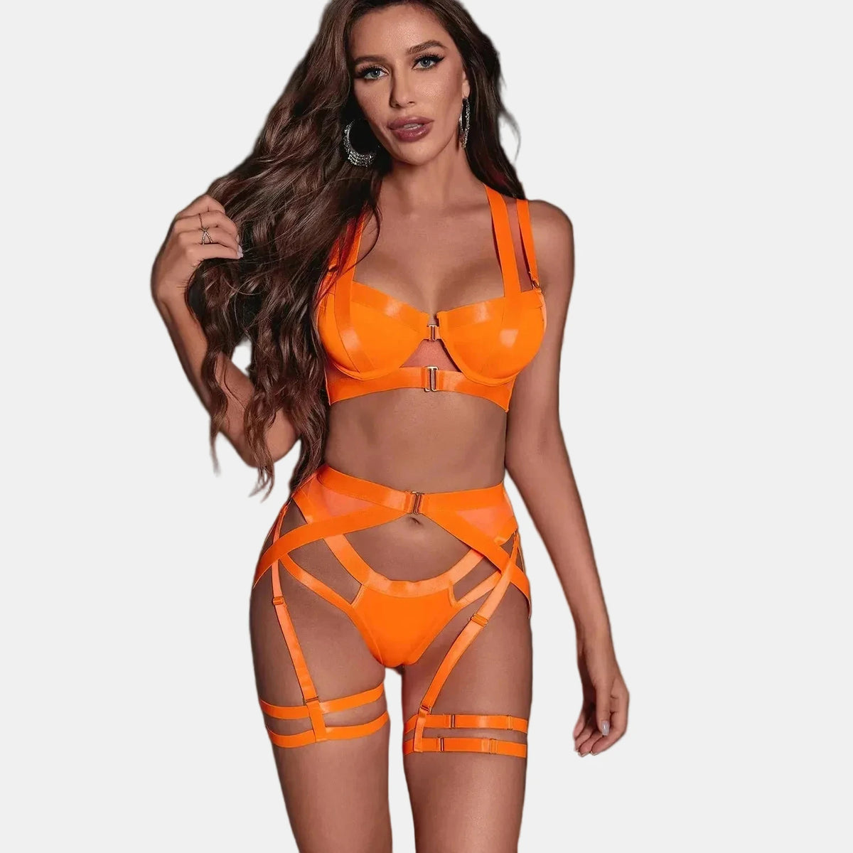 Conjunto de lencería de 4 piezas con tiras cruzadas y diseño moldeador