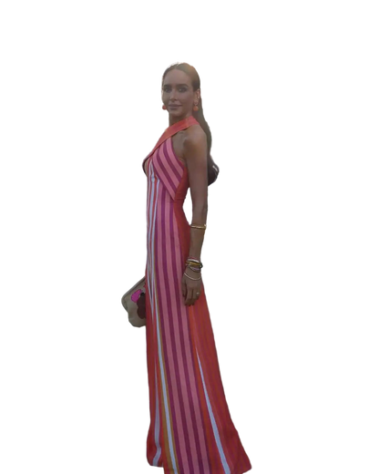 Halter Neck Striped Print Long Dress Off Shoulder Crisscross Backless Bodycon Dress