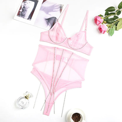 Set Conjunto de lencería con pedrería y Encaje transparente y cinturilla