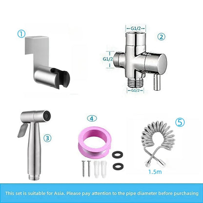Handheld bidet sprayer made of stainless steel with a 3-way valve (G1/2" – 3/8") for toilet cleaning and personal hygiene.