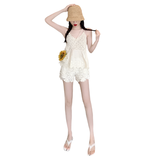 Conjunto de 2 piezas para mujer, top tejido tipo sujetador con tirantes y short de pierna ancha de estilo boho chic calado