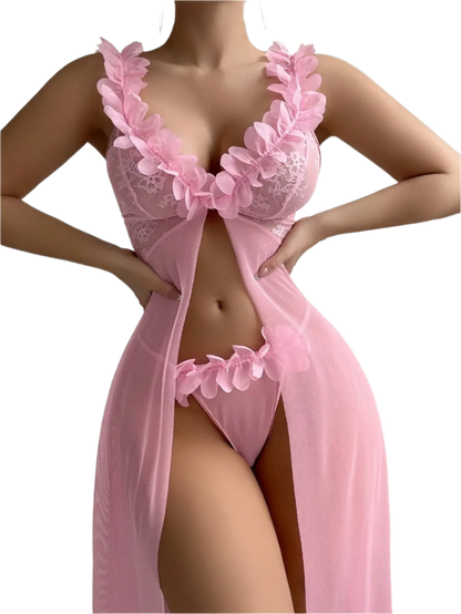 Long Sheer Lace Nightgown Lingerie Dress with Deep V Neckline