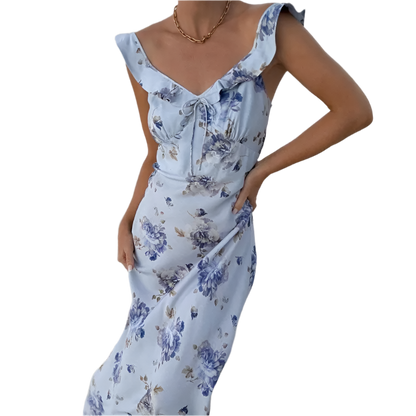 Women's Casual Dress with Floral Print, Backless, and V-Neckline 