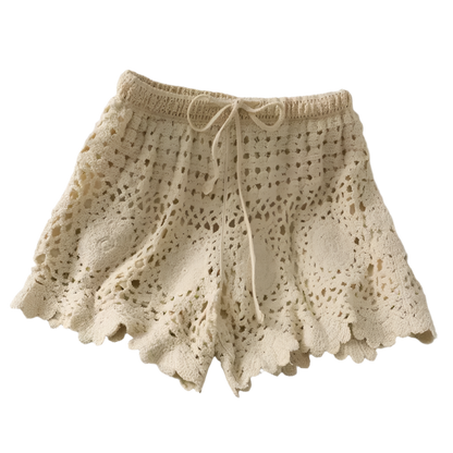 Women's 2-piece set, strappy knit bra top and openwork boho chic wide-leg shorts
