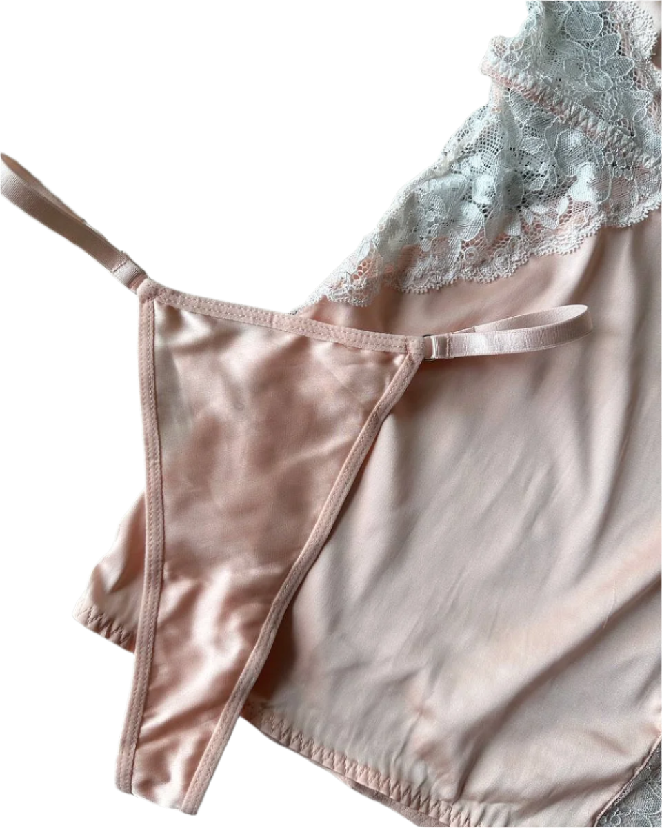 Lingerie Nightgown Deep V-neck satin dress with decorative lace and side slit