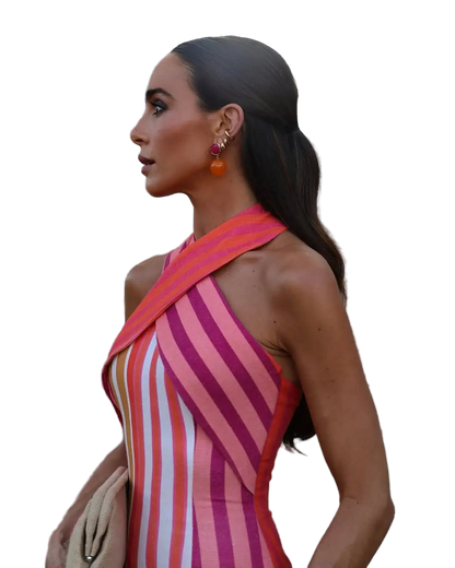 Halter Neck Striped Print Long Dress Off Shoulder Crisscross Backless Bodycon Dress