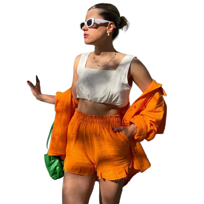 Outfit Conjunto de Camisa manga larga con solapa y short de tiro alto con cordón