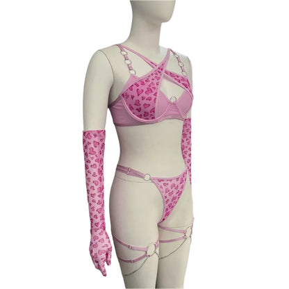 Leopard Print Push Up Bra Lingerie Set, Sheer Lace Trim, Includes Gloves and Stockings 