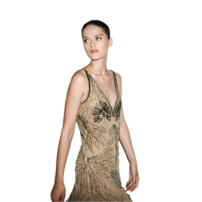 Chic Women's Mini Dress with Embroidery and Beads and Floral Print with V-Neck and Sheer