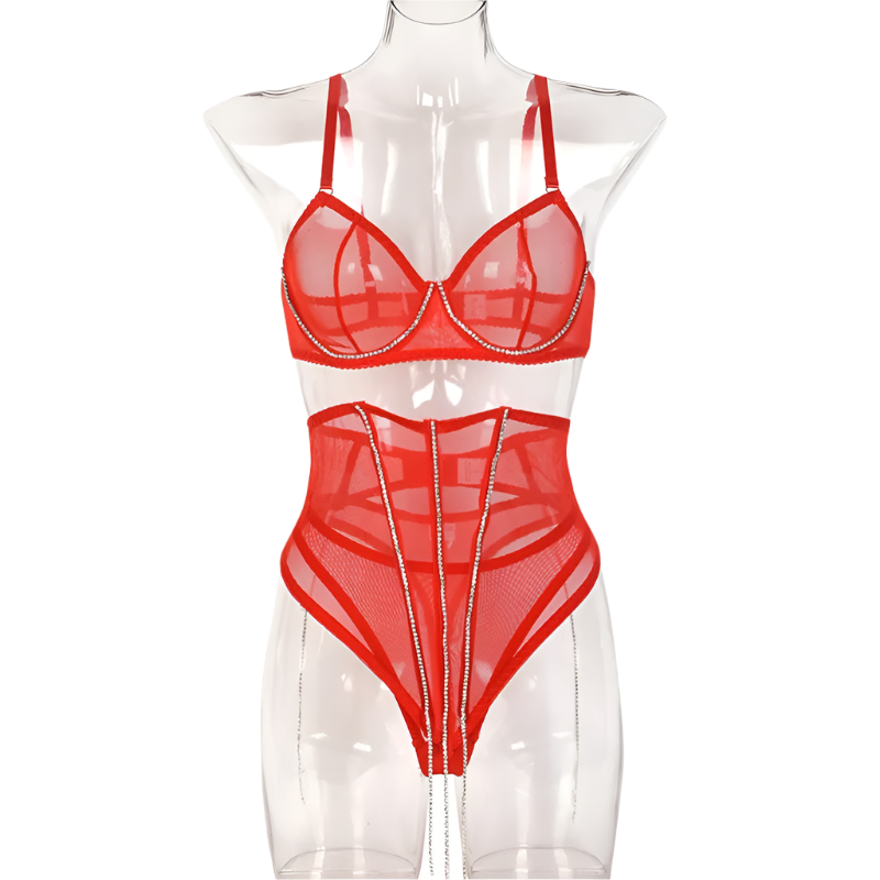 Set Conjunto de lencería con pedrería y Encaje transparente y cinturilla