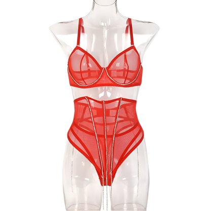 Set Conjunto de lencería con pedrería y Encaje transparente y cinturilla