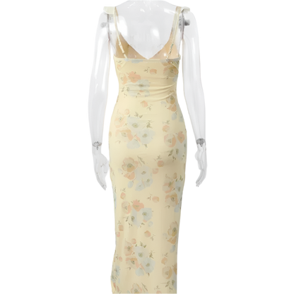 Women's Casual Dress with Floral Print, Backless, and V-Neckline 