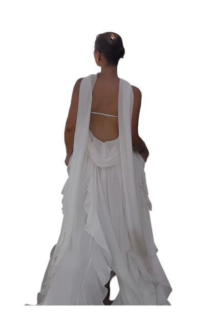 Vestido Blanco Asimétrico de Malla sin Tirantes con Volantes y Flecos