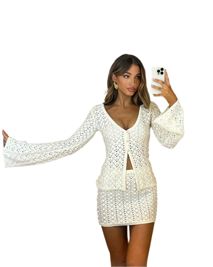 Women's 2-Piece Boho Chic Knitted Set with Short Skirt and Cardigan