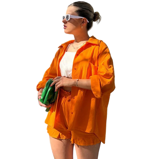Outfit Conjunto de Camisa manga larga con solapa y short de tiro alto con cordón