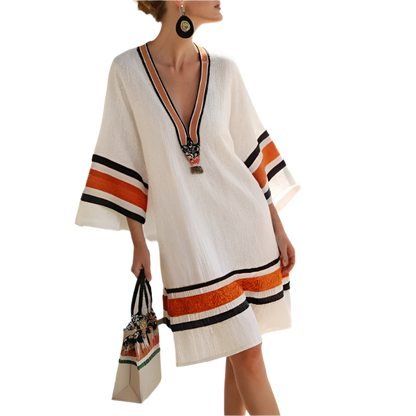 Women's Plus Size Boho Chic V-Neck Summer Dress with 3/4 Sleeves and Floral Print 