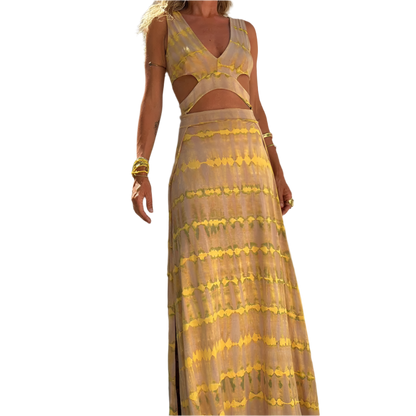 Vestido de verano con escote en V y estampado de corte entallado y abertura lateral de estilo casual