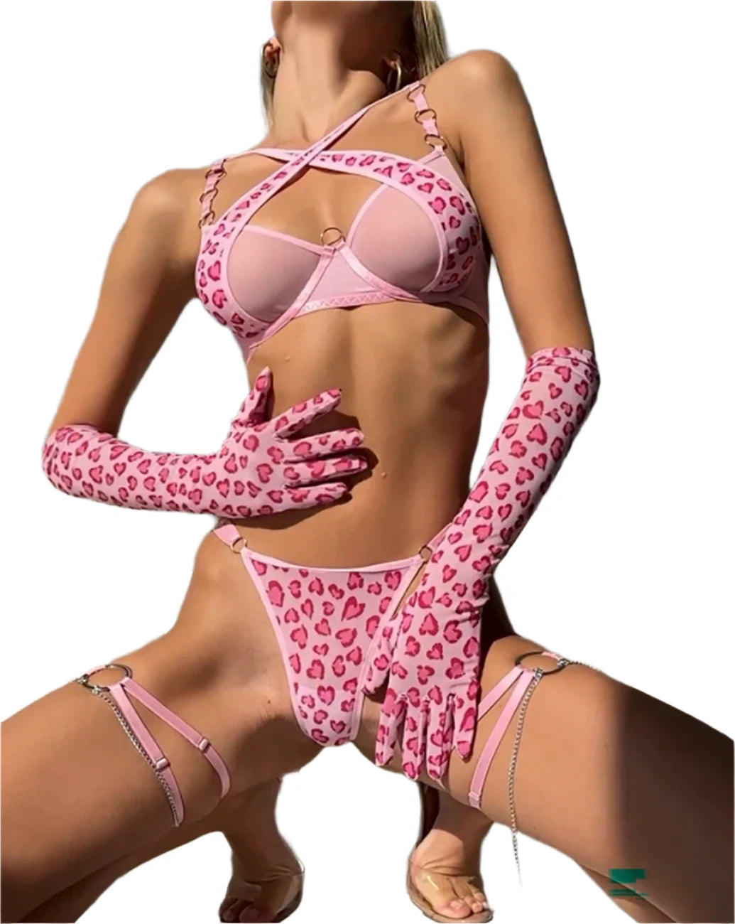 Leopard Print Push Up Bra Lingerie Set, Sheer Lace Trim, Includes Gloves and Stockings 