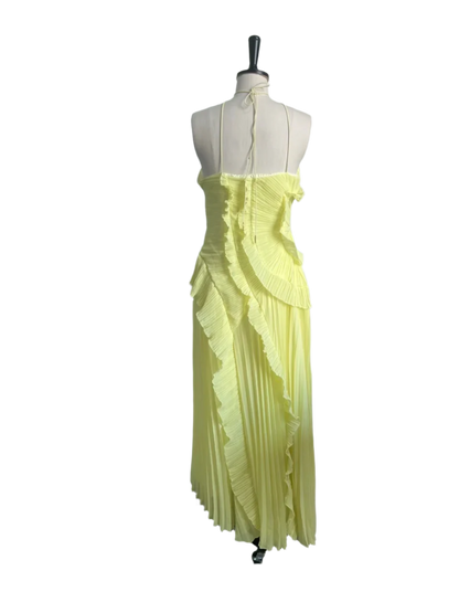 Women's Long Pleated Dress with Halter Neckline in Purple Maxi Style 