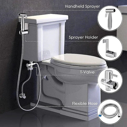 Handheld bidet sprayer made of stainless steel with a 3-way valve (G1/2" – 3/8") for toilet cleaning and personal hygiene.