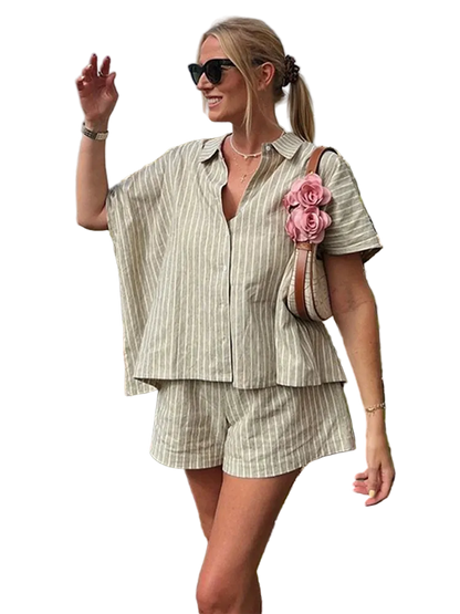 Striped Casual Set with Button-Down Short-Sleeve Lapel Shirt and Wide-Leg Shorts