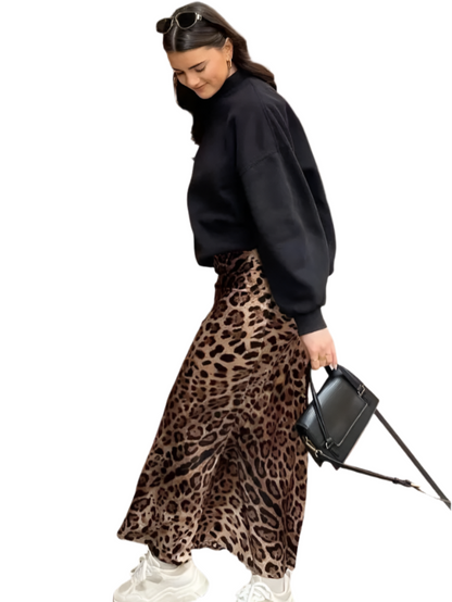 Falda Midi Vintage de Cintura Alta con Estampado de Leopardo