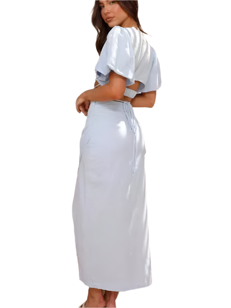 2-Piece Outfit Set: Short-Sleeved V-Neck Blouse and Long Skirt in Boho Chic Style