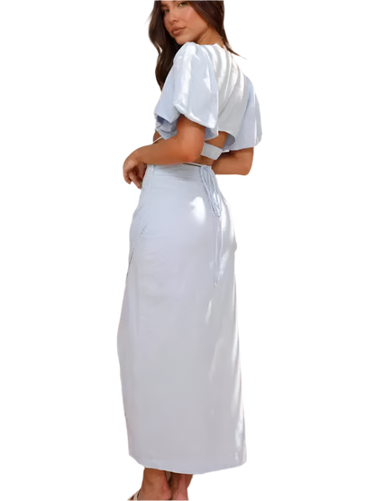 2-Piece Outfit Set: Short-Sleeved V-Neck Blouse and Long Skirt in Boho Chic Style