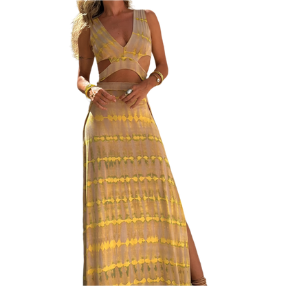 Vestido de verano con escote en V y estampado de corte entallado y abertura lateral de estilo casual
