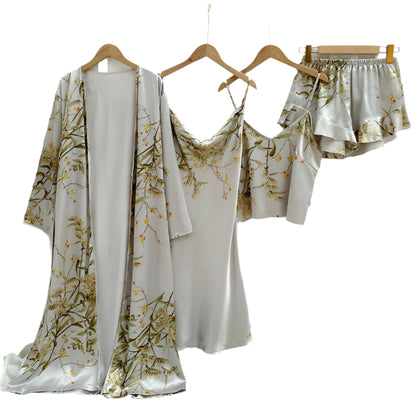 Women's 4-Piece Sleepwear Pajama Set with Faux Silk Lace