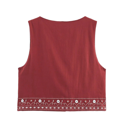 Boho Chic Outfit Set of Red Embroidered Sleeveless Vest and Wide Leg Shorts