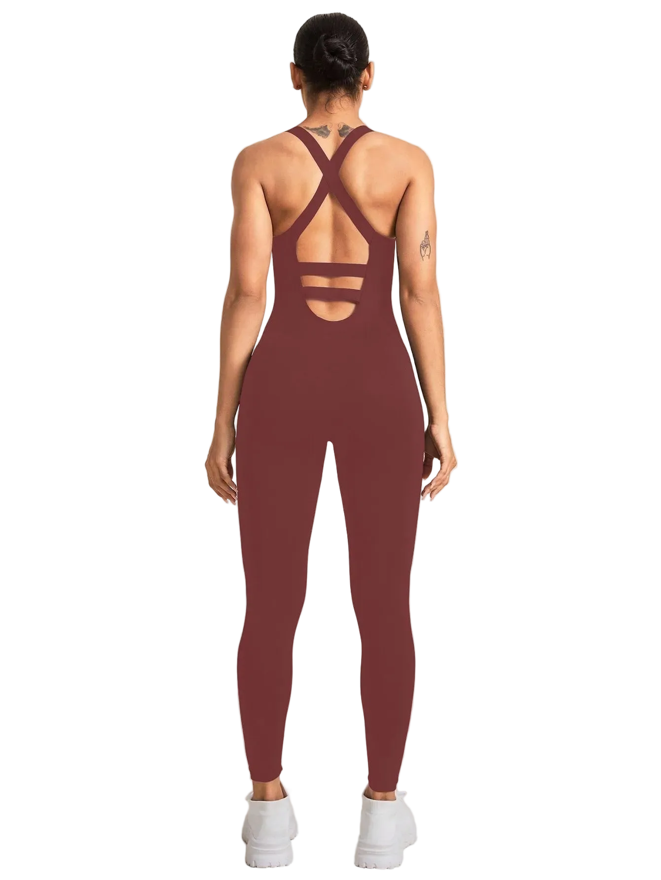 Women's Seamless Sports Jumpsuit with Tummy Control, Crisscross Straps, and Open Back