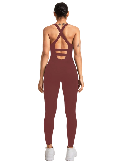 Women's Seamless Sports Jumpsuit with Tummy Control, Crisscross Straps, and Open Back