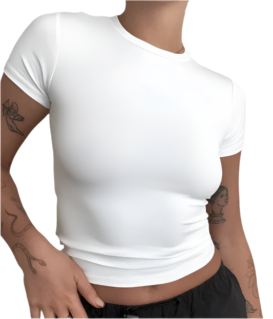Camiseta de manga corta ajustada para mujer, estilo cuello redondo