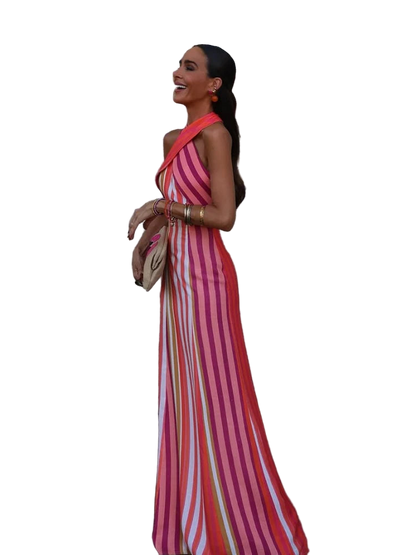 Halter Neck Striped Print Long Dress Off Shoulder Crisscross Backless Bodycon Dress