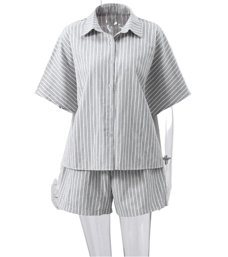 Striped Casual Set with Button-Down Short-Sleeve Lapel Shirt and Wide-Leg Shorts