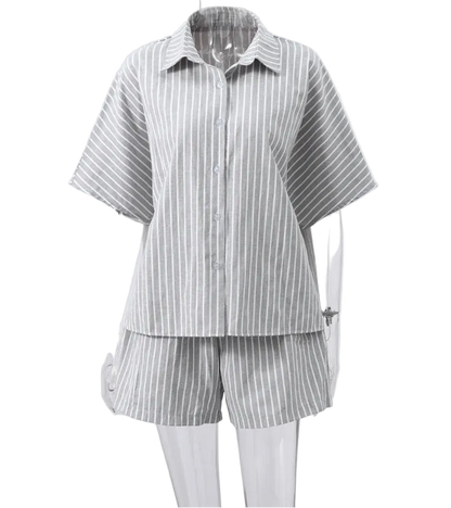 Striped Casual Set with Button-Down Short-Sleeve Lapel Shirt and Wide-Leg Shorts