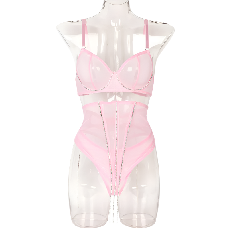 Set Conjunto de lencería con pedrería y Encaje transparente y cinturilla