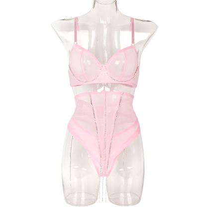 Set Conjunto de lencería con pedrería y Encaje transparente y cinturilla