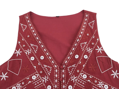 Boho Chic Outfit Set of Red Embroidered Sleeveless Vest and Wide Leg Shorts