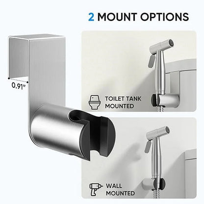 Handheld bidet sprayer made of stainless steel with a 3-way valve (G1/2" – 3/8") for toilet cleaning and personal hygiene.