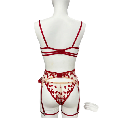 4 Piece Lace and Embroidery Lingerie Set with Ruffles