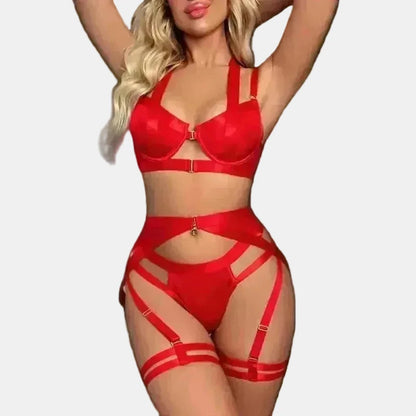 Conjunto de lencería de 4 piezas con tiras cruzadas y diseño moldeador