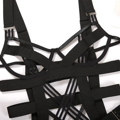 Conjunto Set de Lencería Coqueta 2 piezas con diseño de tiras de estilo jumpsuit ajustado en elástico
