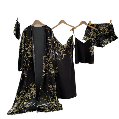 Women's 4-Piece Sleepwear Pajama Set with Faux Silk Lace