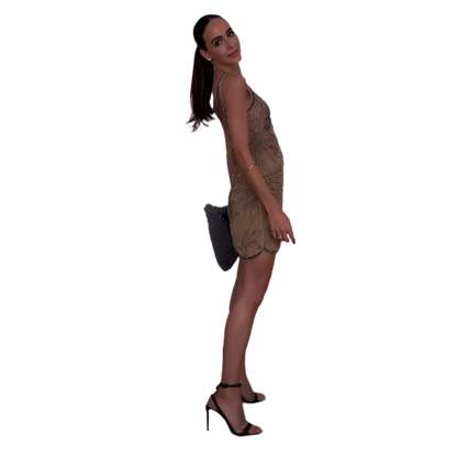 Chic Women's Mini Dress with Embroidery and Beads and Floral Print with V-Neck and Sheer
