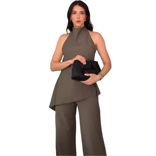 Outfit Set Satinado de Top halter asimétrico y pantalón con cordones de cintura alta