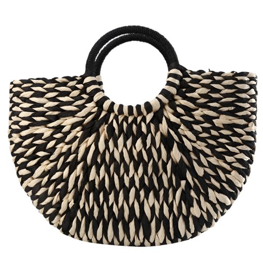 Bolso de mano artesanal para mujer tipo tote con asa superior en forma de media luna y tejido de paja para playa