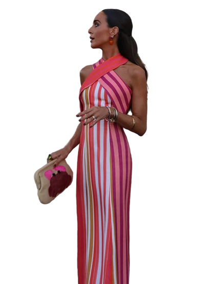 Halter Neck Striped Print Long Dress Off Shoulder Crisscross Backless Bodycon Dress