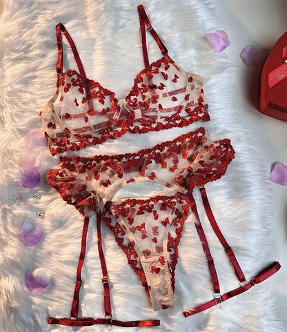 4 Piece Lace and Embroidery Lingerie Set with Ruffles